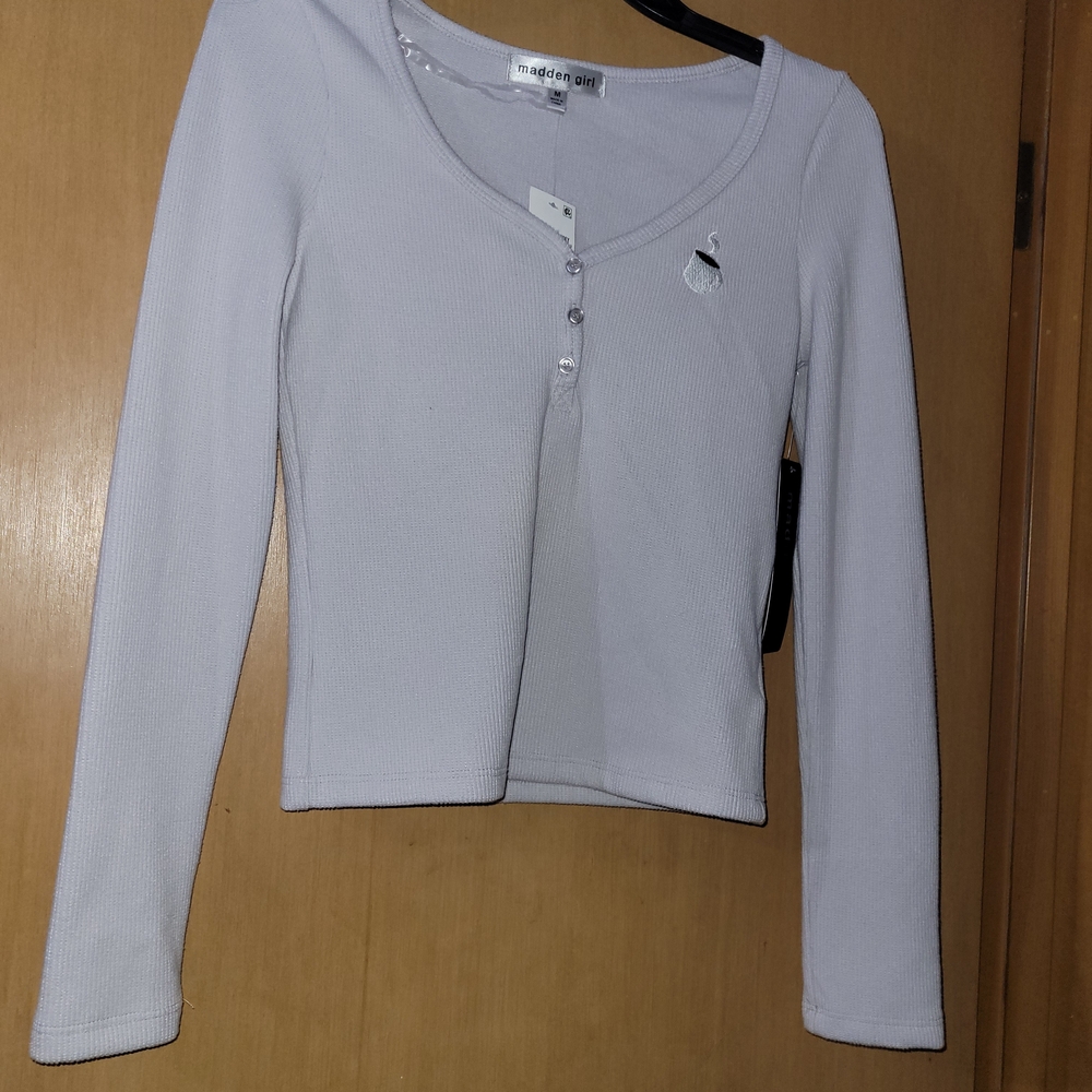 Madden Girl Soft Light Gray Long Sleeve Top With Coffee Symbol